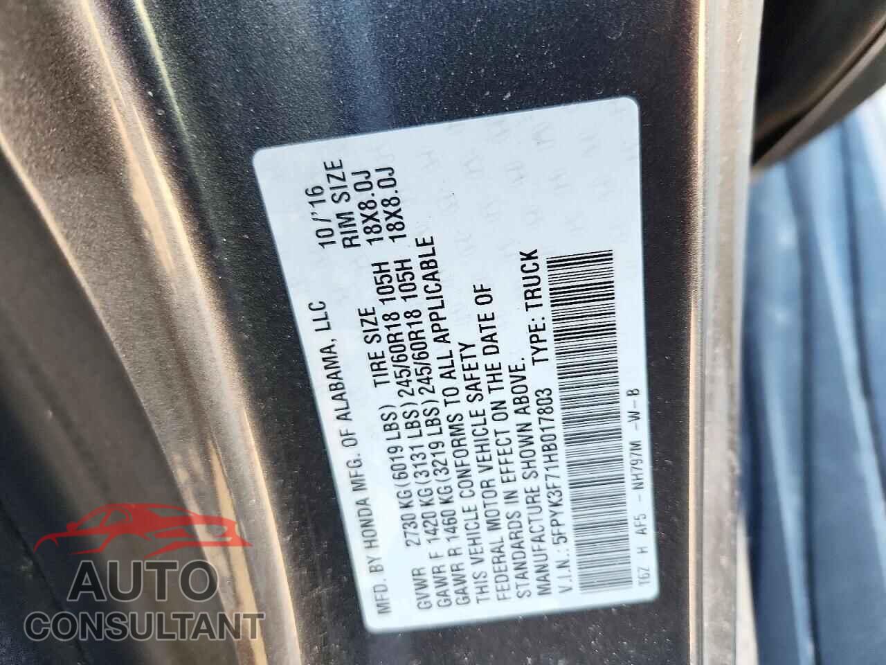 HONDA RIDGELINE 2017 - 5FPYK3F71HB017803