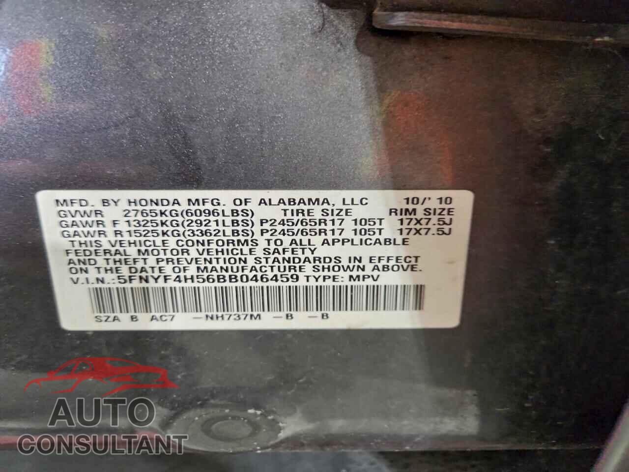 HONDA PILOT 2011 - 5FNYF4H56BB046459