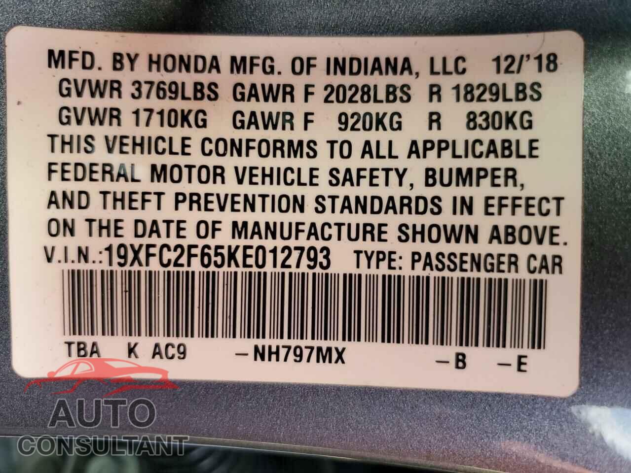 HONDA CIVIC 2019 - 19XFC2F65KE012793