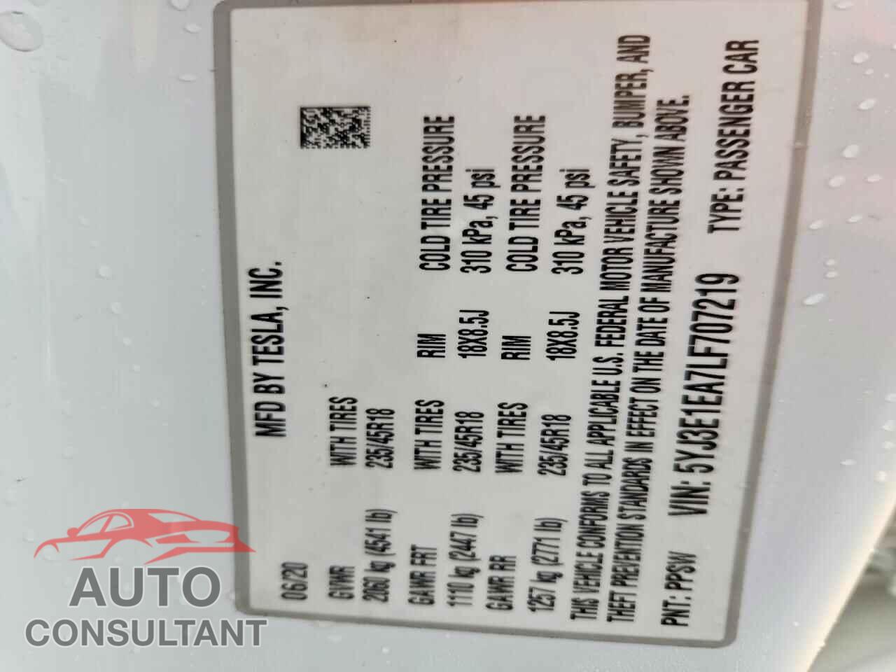 TESLA MODEL 3 2020 - 5YJ3E1EA7LF707219