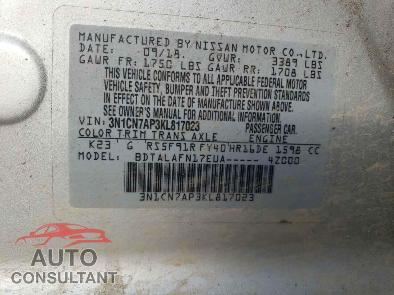NISSAN VERSA 2019 - 3N1CN7AP3KL817023