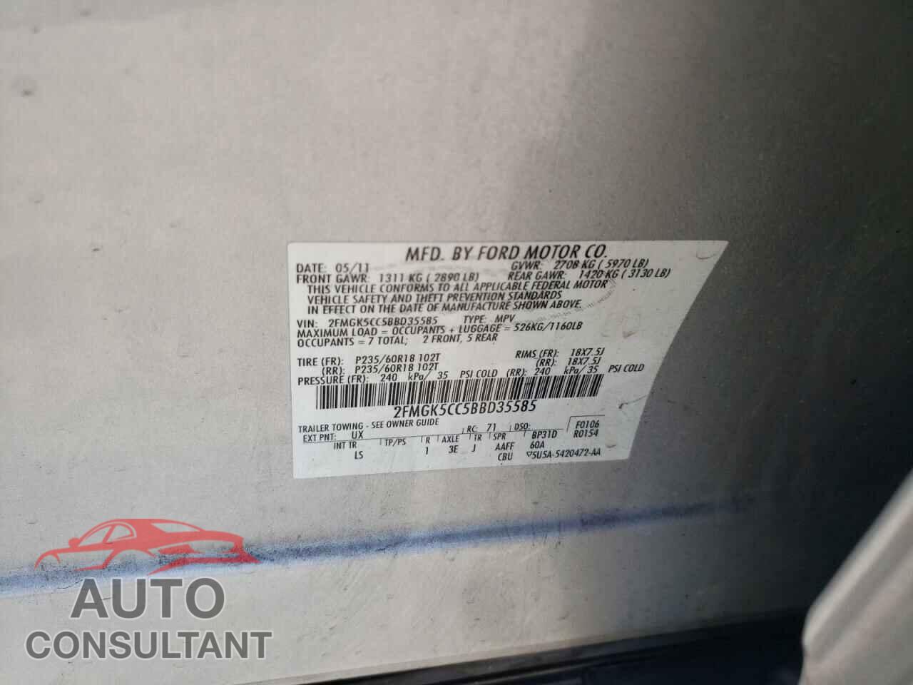 FORD FLEX 2011 - 2FMGK5CC5BBD35585