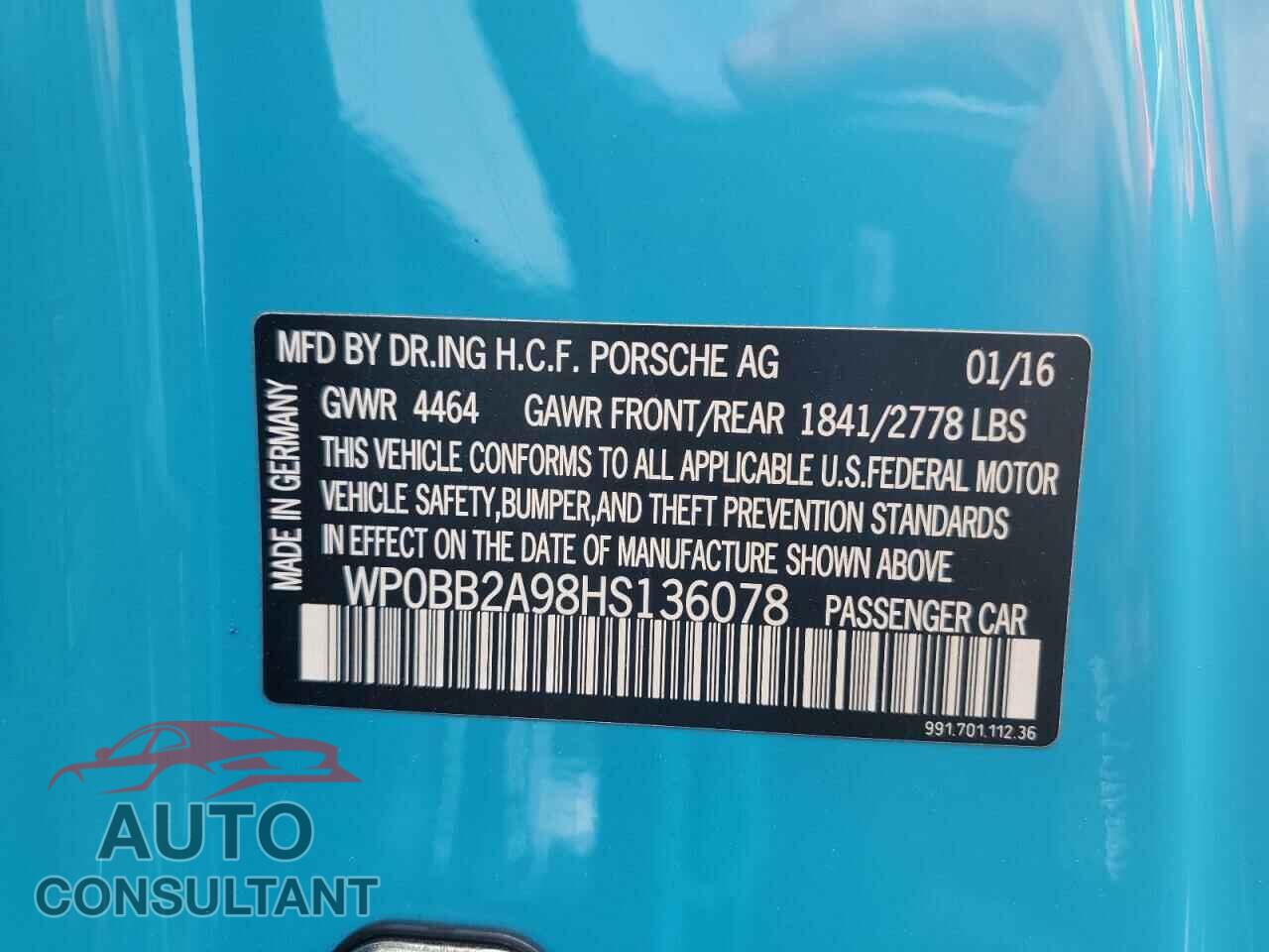 PORSCHE 911 2017 - WP0BB2A98HS136078