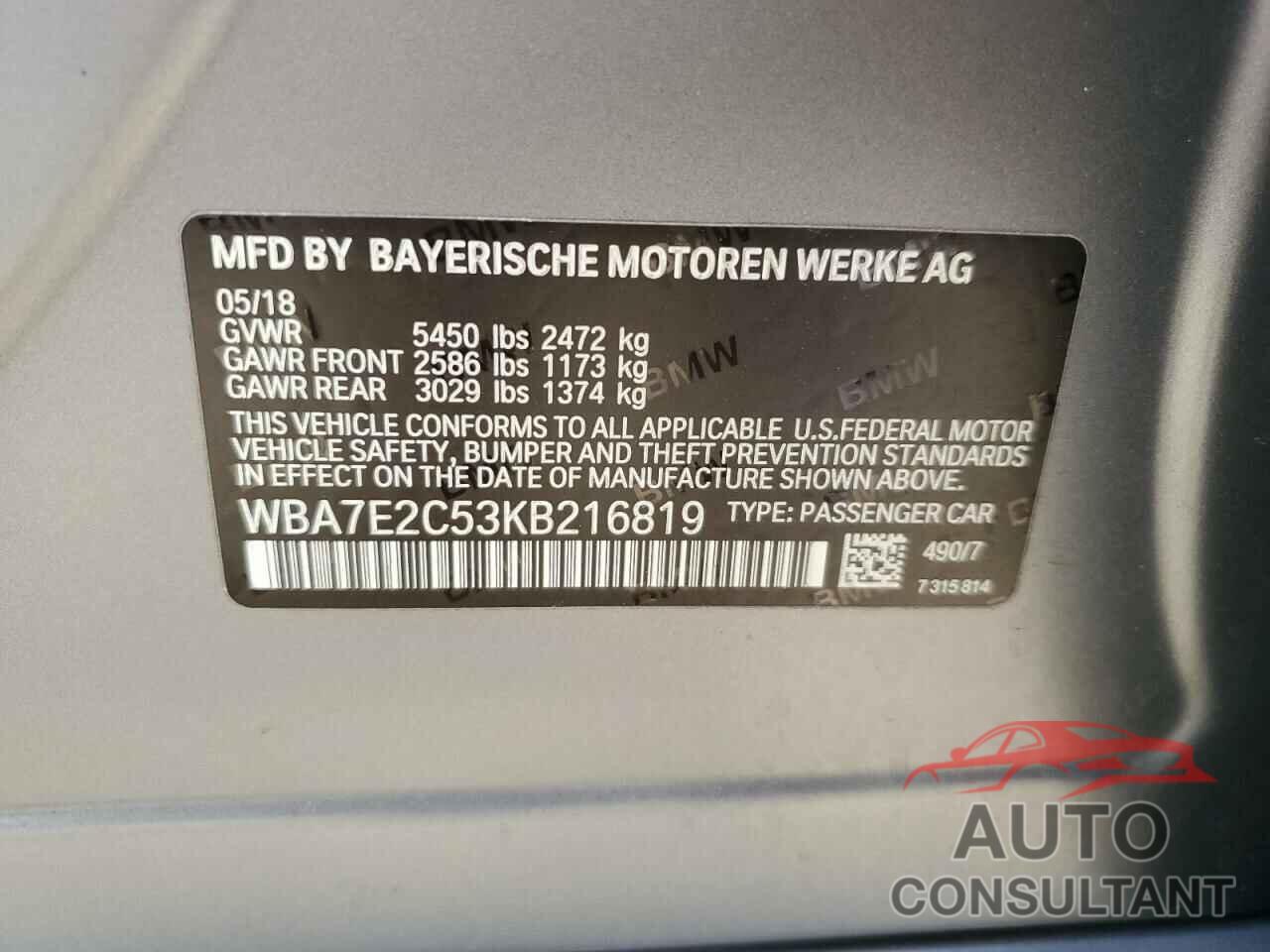 BMW 7 SERIES 2019 - WBA7E2C53KB216819