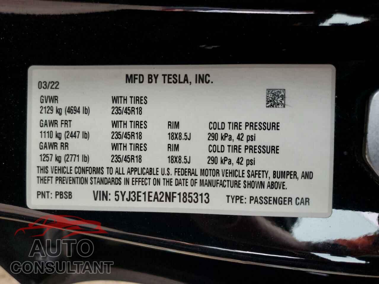 TESLA MODEL 3 2022 - 5YJ3E1EA2NF185313