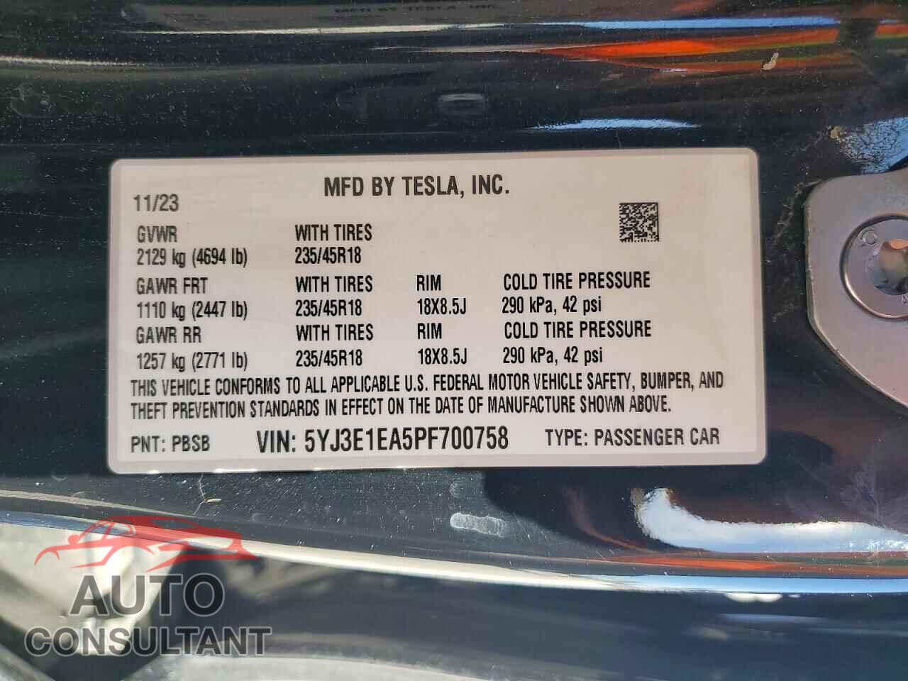 TESLA MODEL 3 2023 - 5YJ3E1EA5PF700758