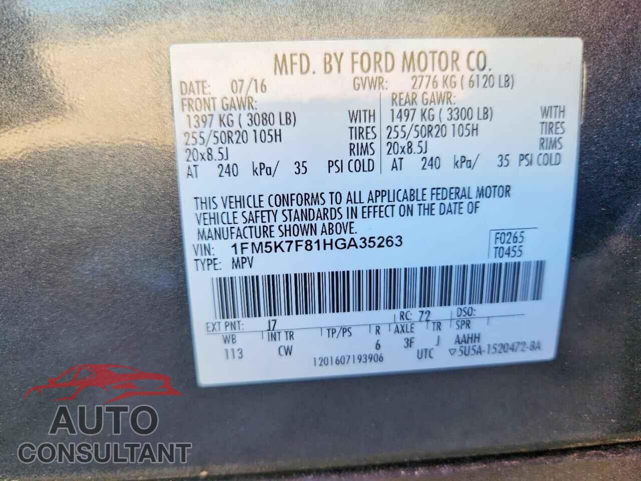 FORD EXPLORER 2017 - 1FM5K7F81HGA35263