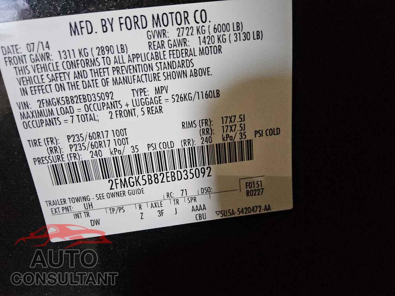 FORD FLEX 2014 - 2FMGK5B82EBD35092
