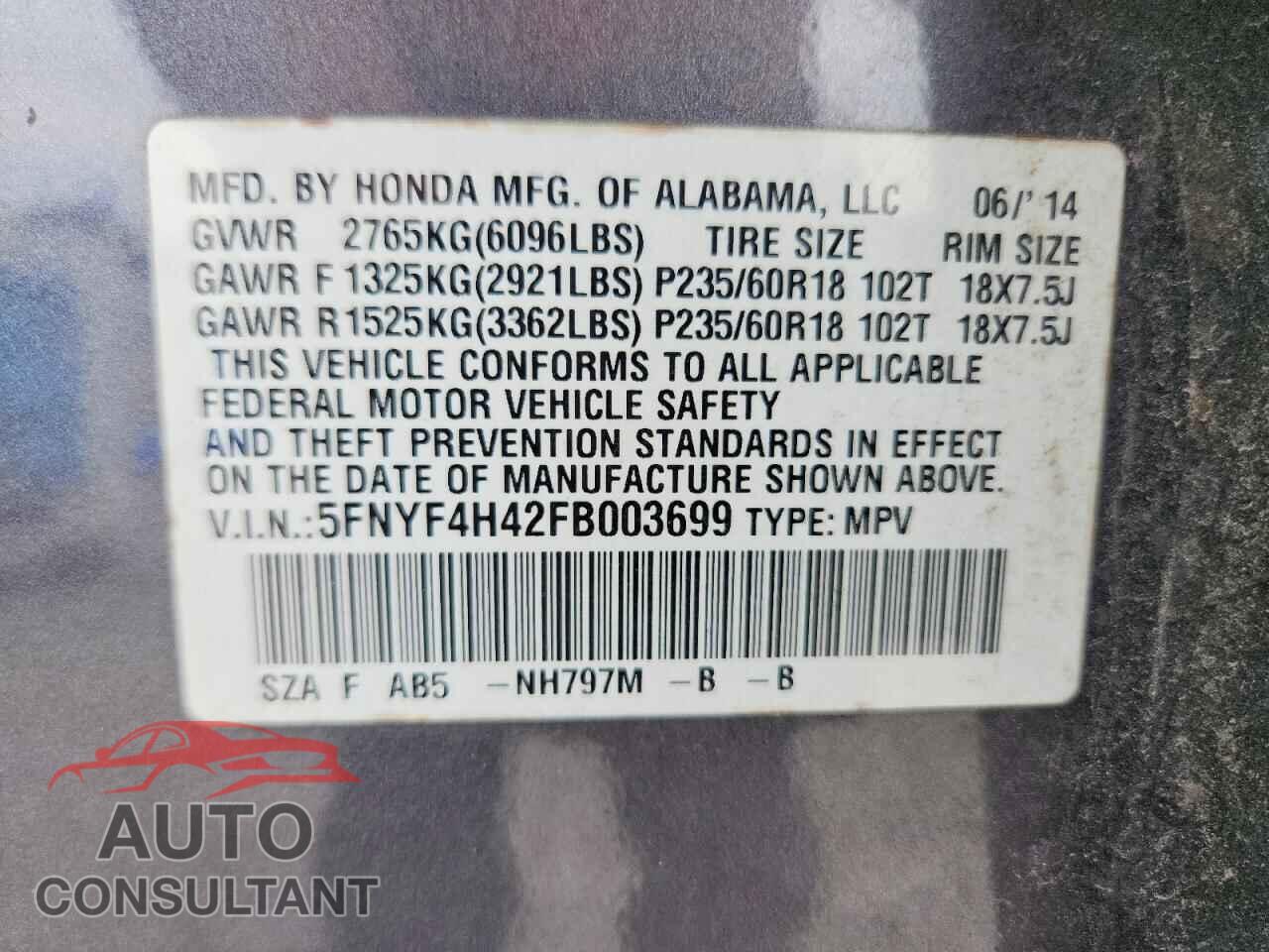 HONDA PILOT 2015 - 5FNYF4H42FB003699