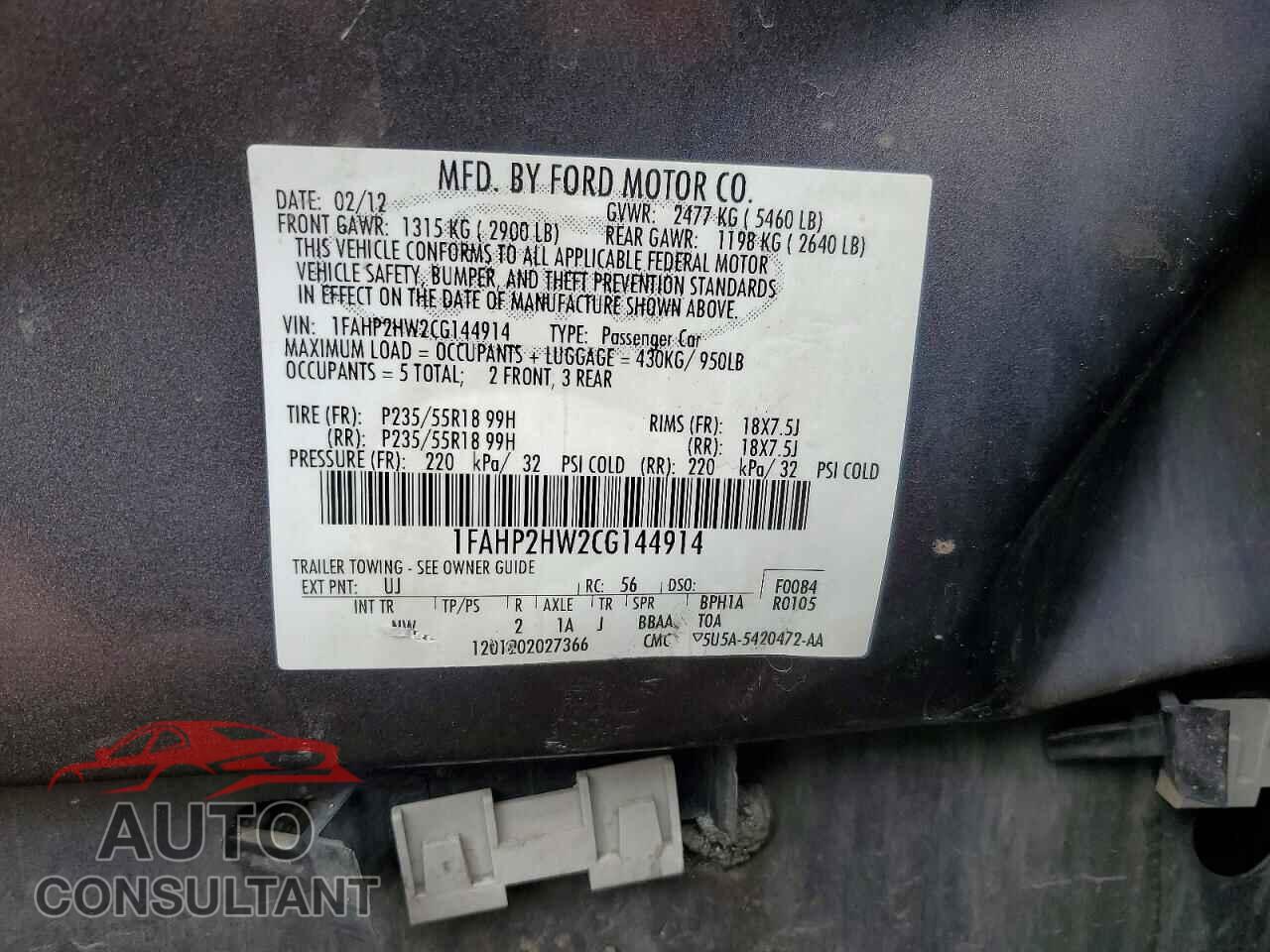FORD TAURUS 2012 - 1FAHP2HW2CG144914