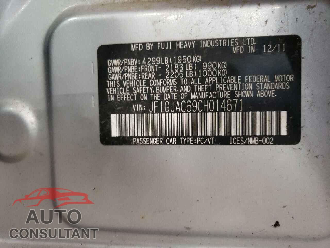 SUBARU IMPREZA 2012 - JF1GJAC69CH014671