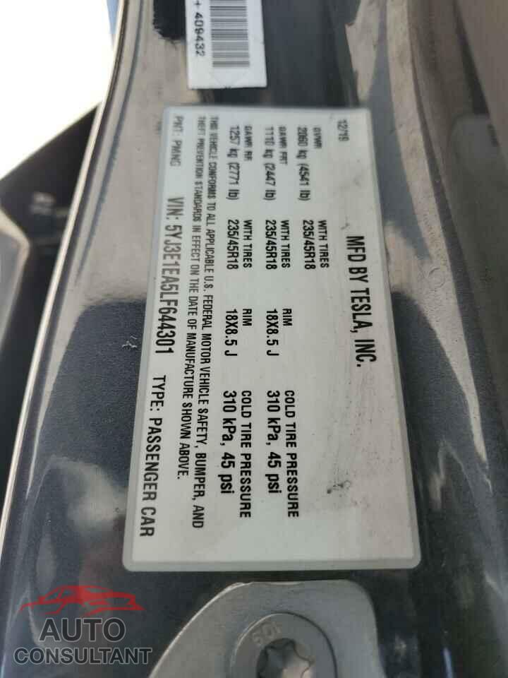 TESLA MODEL 3 2020 - 5YJ3E1EA5LF644301