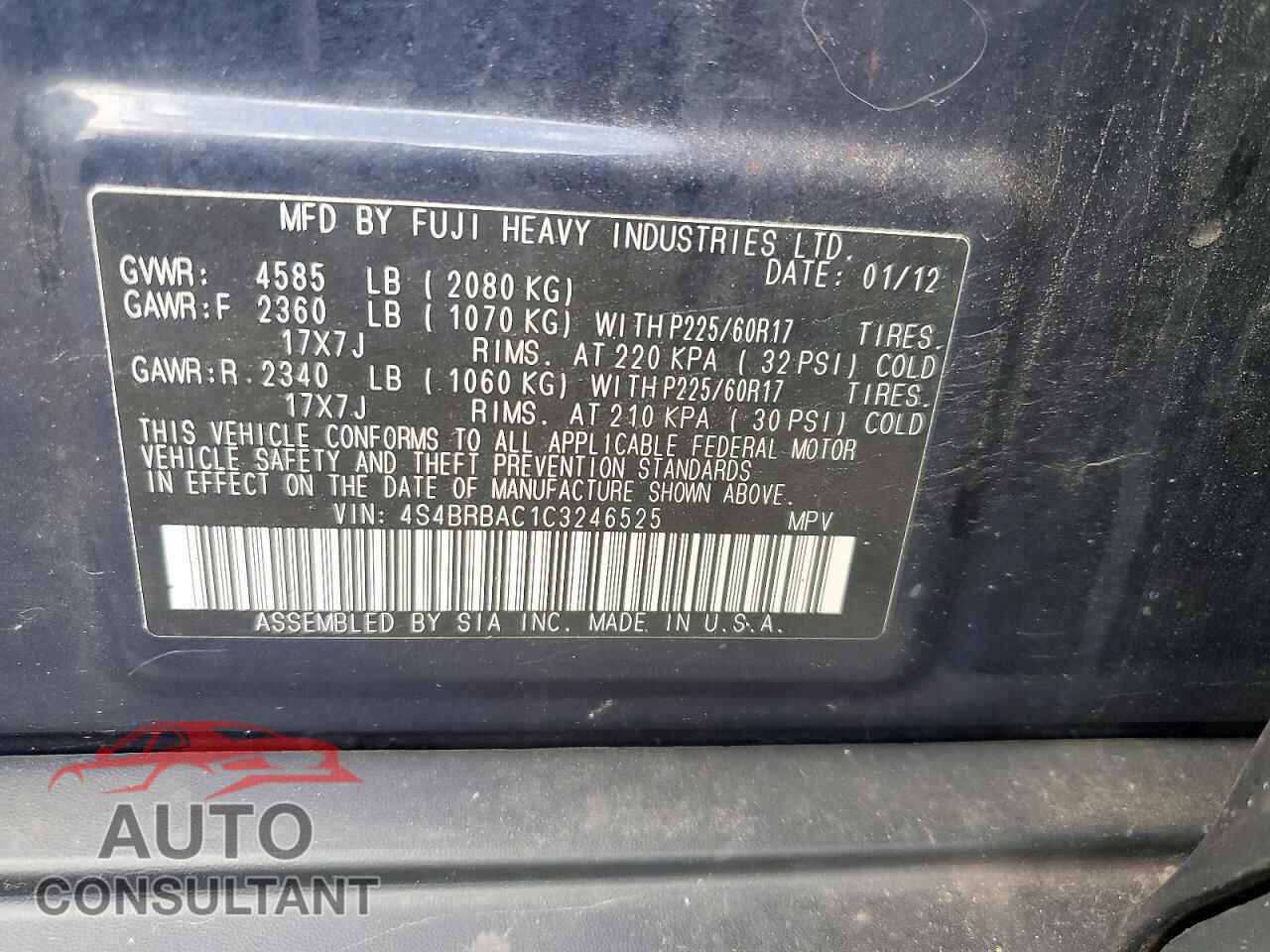 SUBARU OUTBACK 2012 - 4S4BRBAC1C3246525