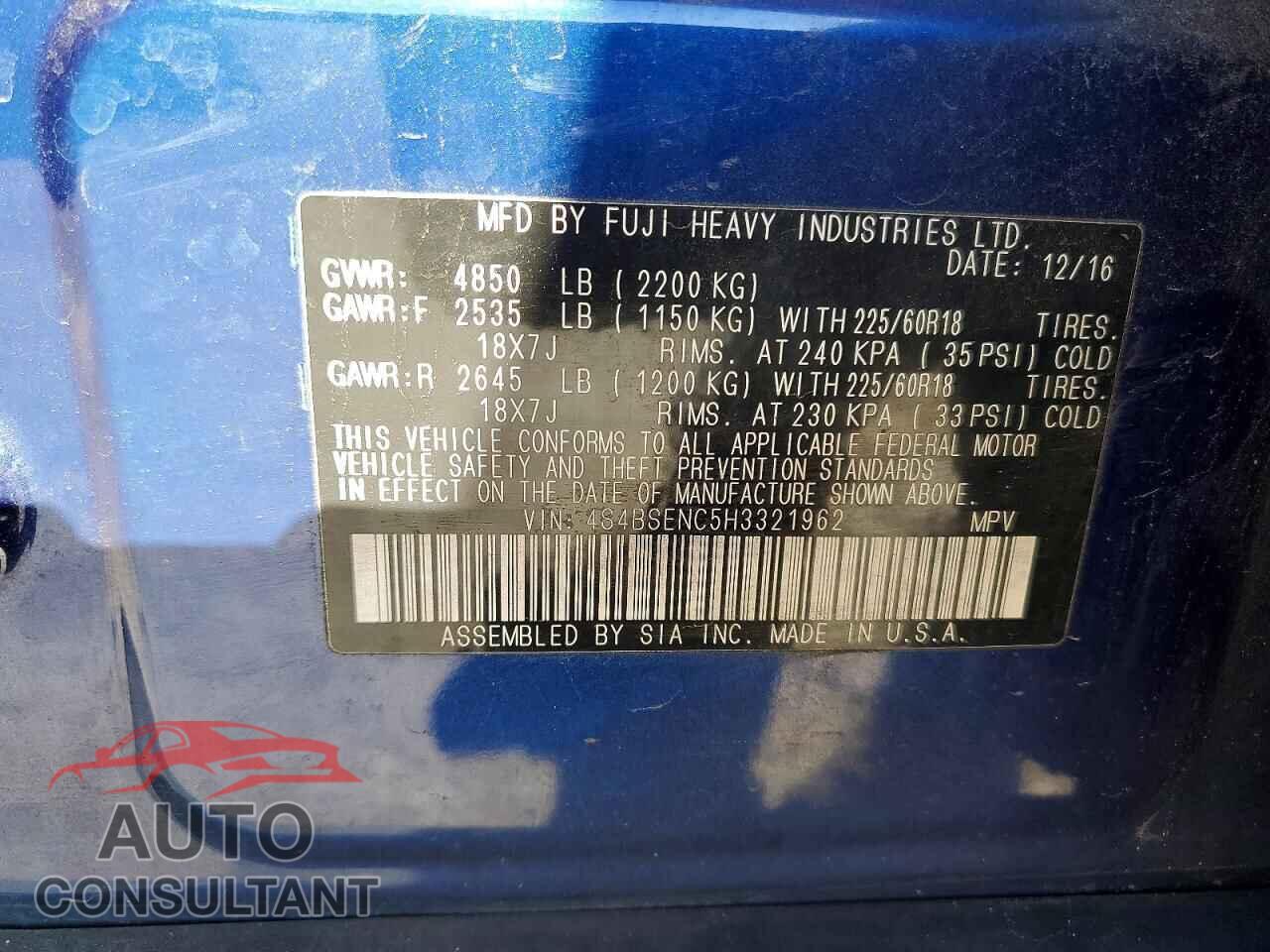 SUBARU OUTBACK 2017 - 4S4BSENC5H3321962
