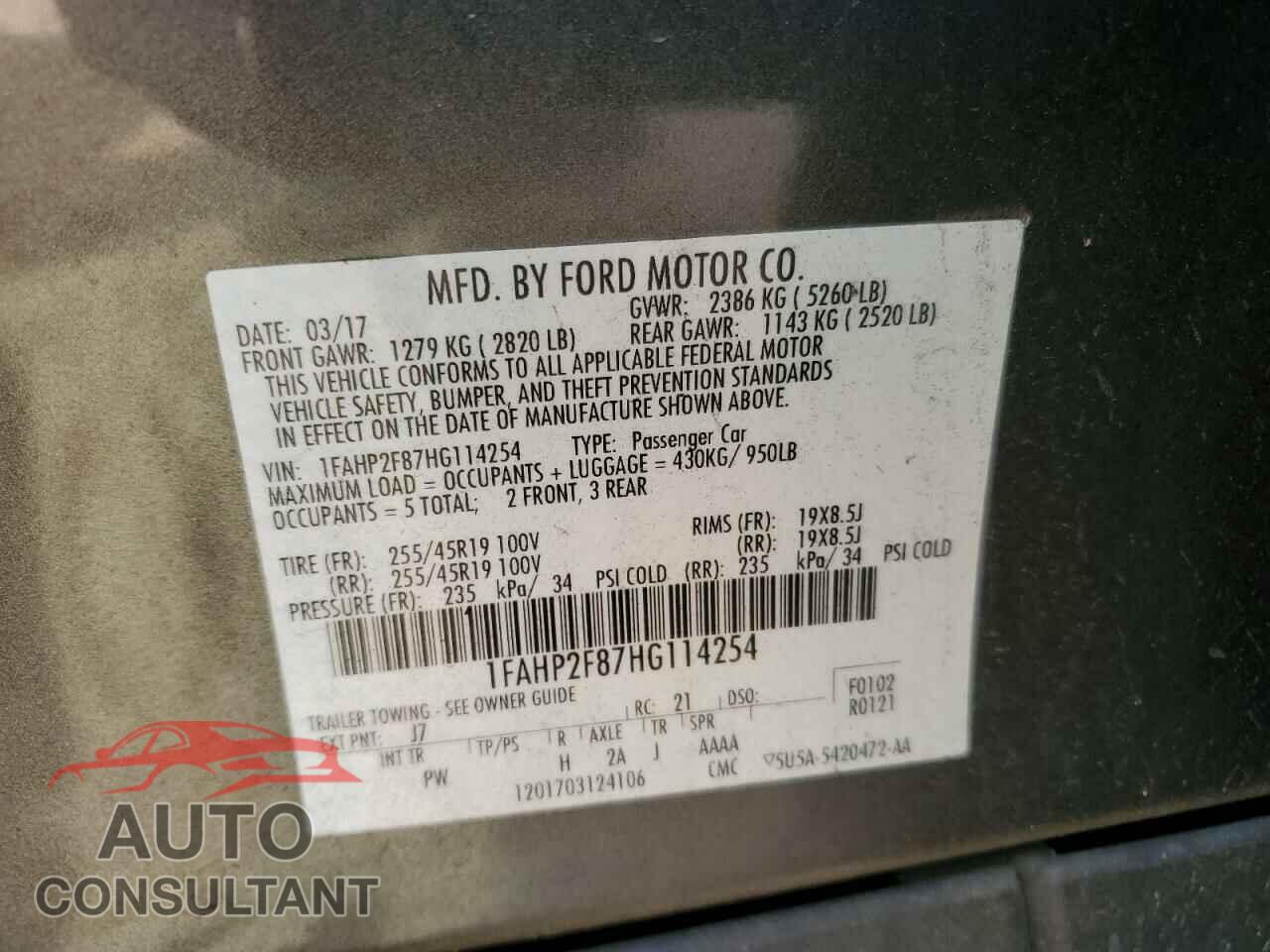 FORD TAURUS 2017 - 1FAHP2F87HG114254