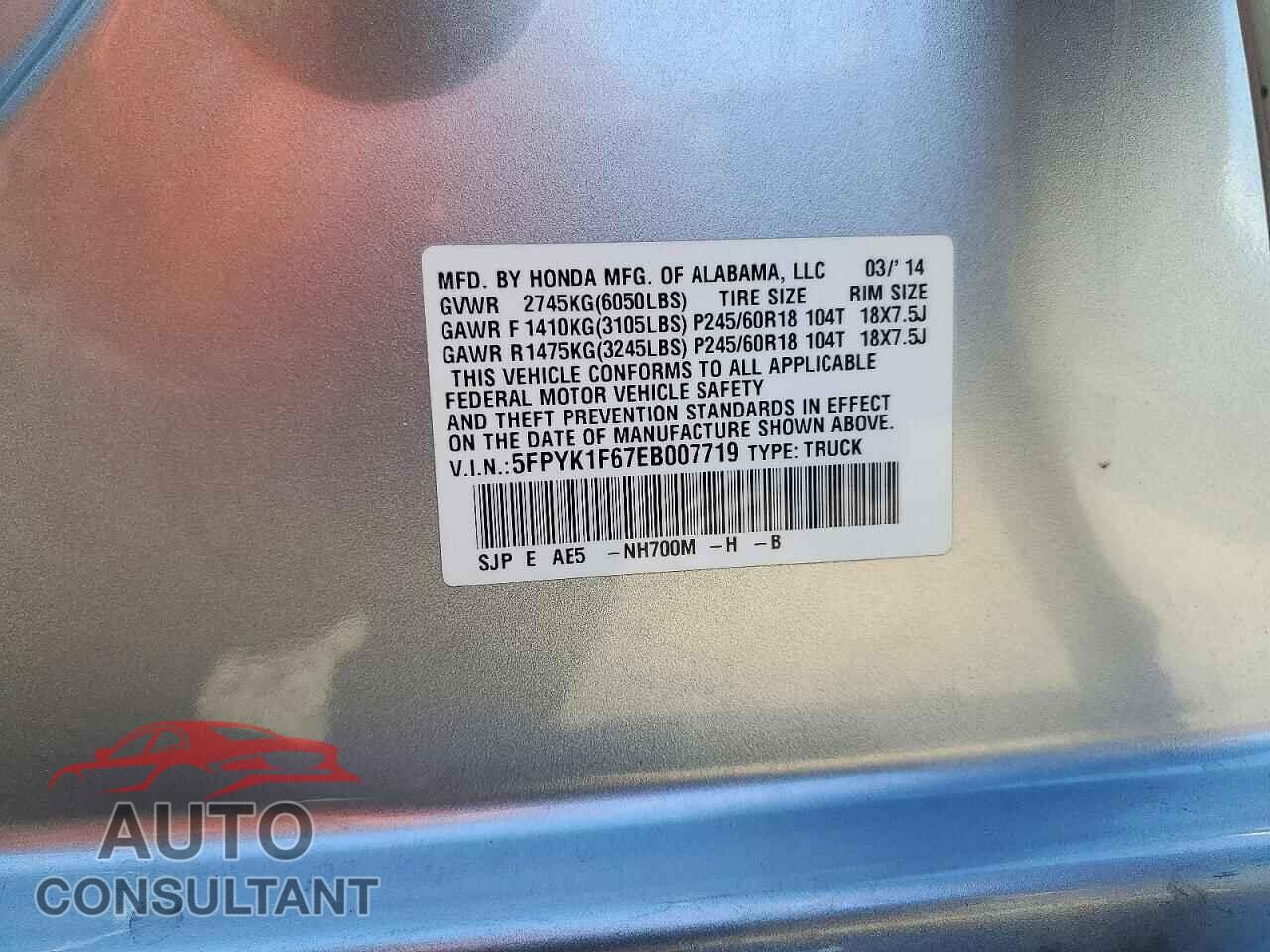 HONDA RIDGELINE 2014 - 5FPYK1F67EB007719