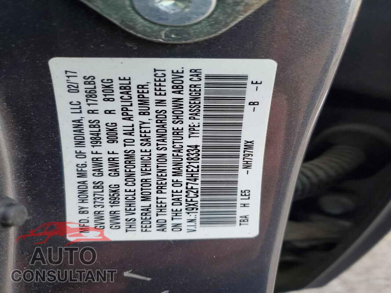 HONDA CIVIC 2017 - 19XFC2F74HE218334