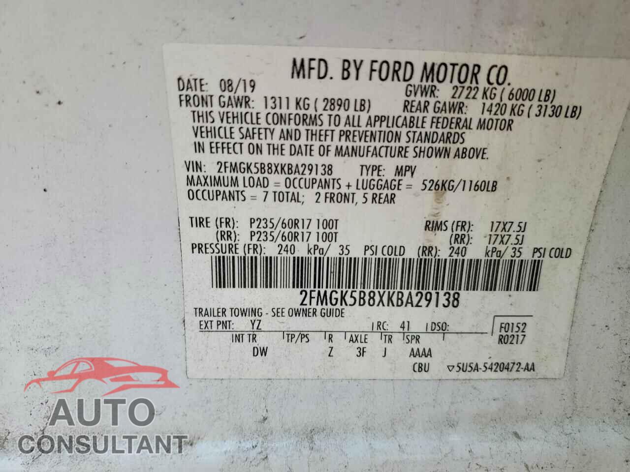 FORD FLEX 2019 - 2FMGK5B8XKBA29138