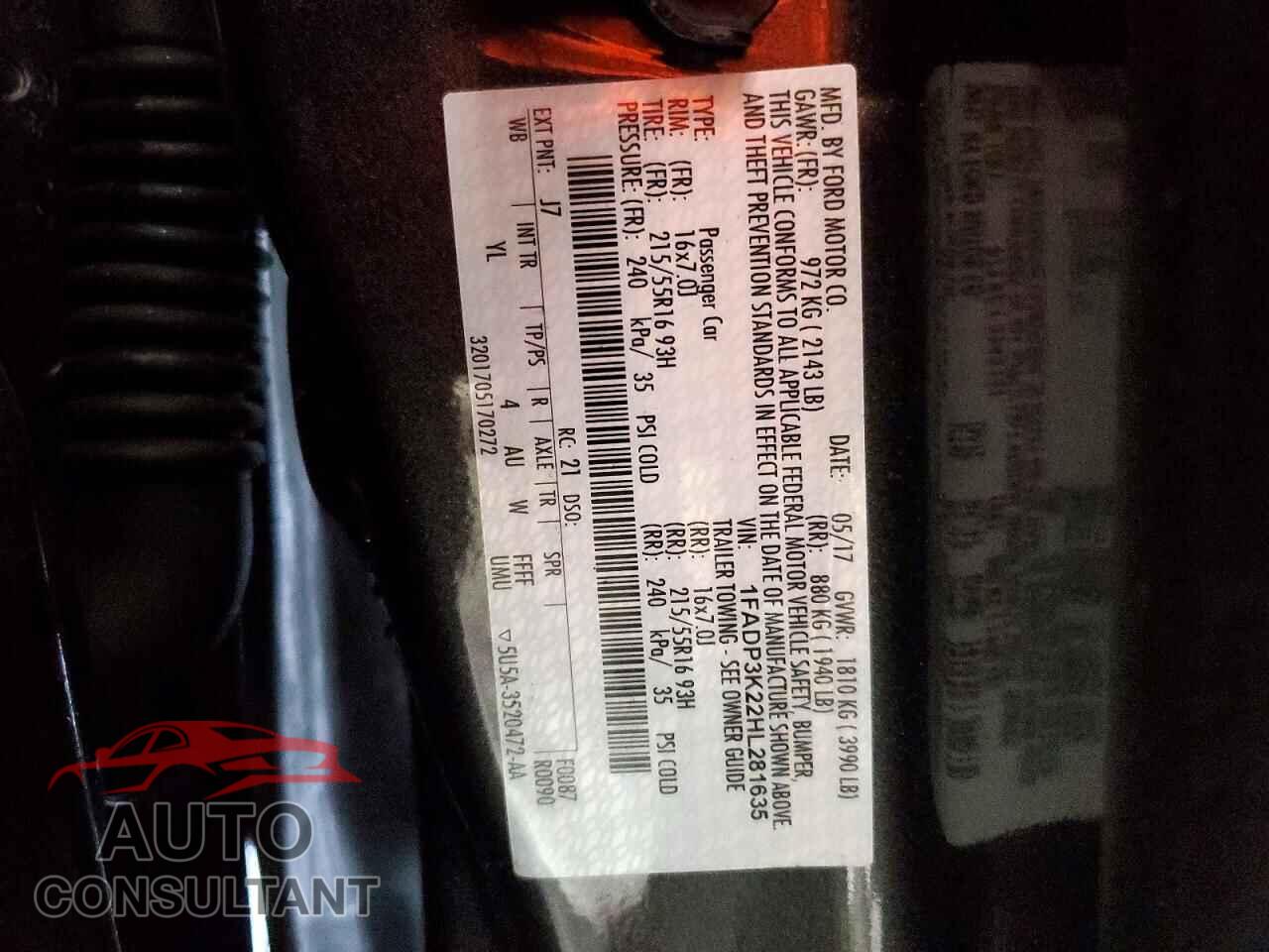 FORD FOCUS 2017 - 1FADP3K22HL281635
