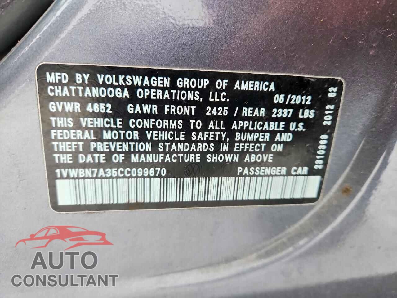VOLKSWAGEN PASSAT 2012 - 1VWBN7A35CC099670
