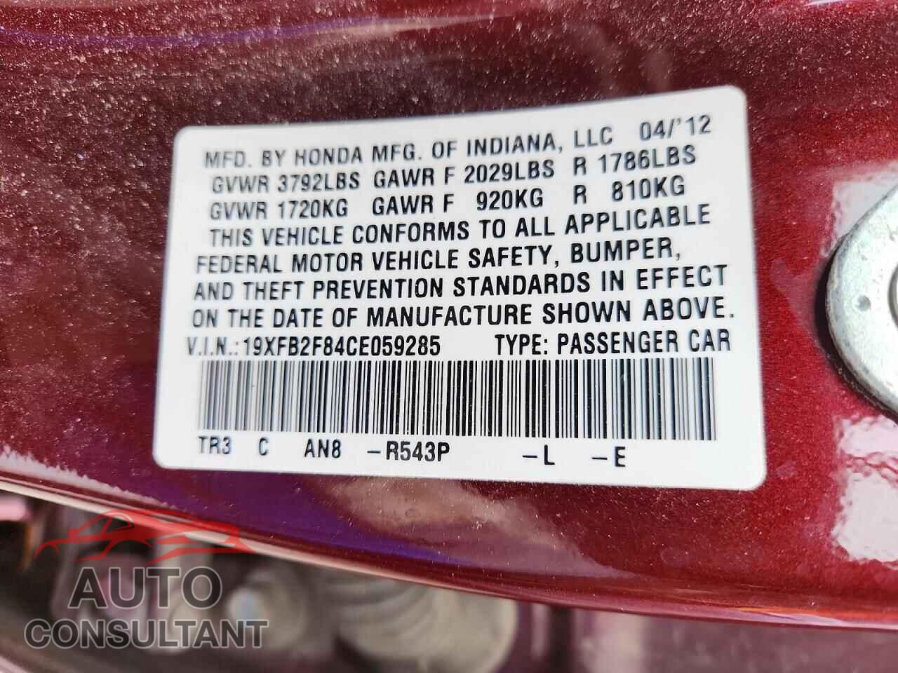 HONDA CIVIC 2012 - 19XFB2F84CE059285