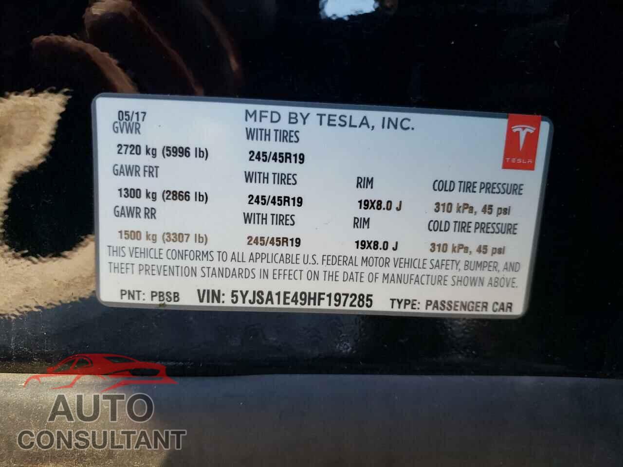 TESLA MODEL S 2017 - 5YJSA1E49HF197285