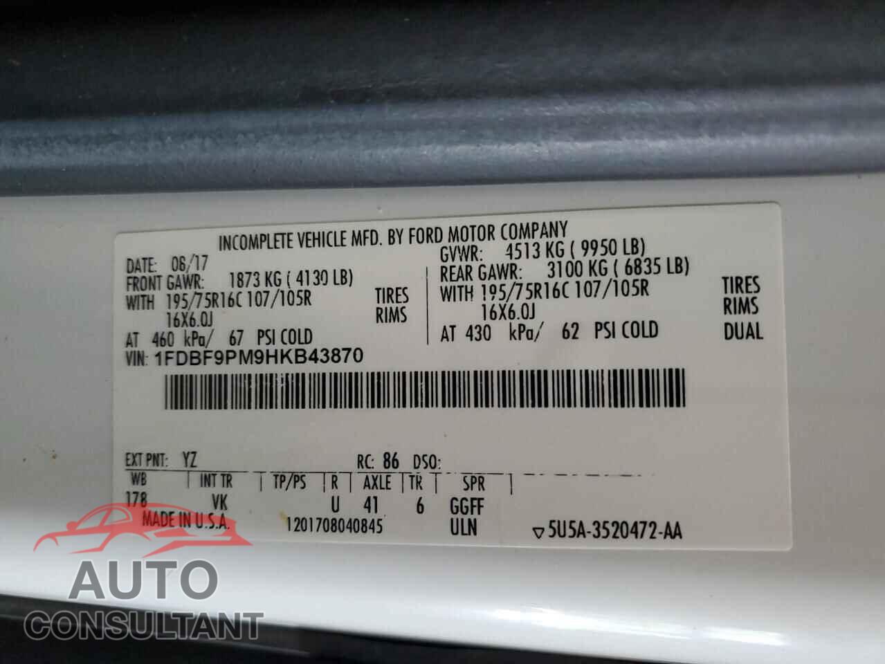 FORD TRANSIT 2017 - 1FDBF9PM9HKB43870
