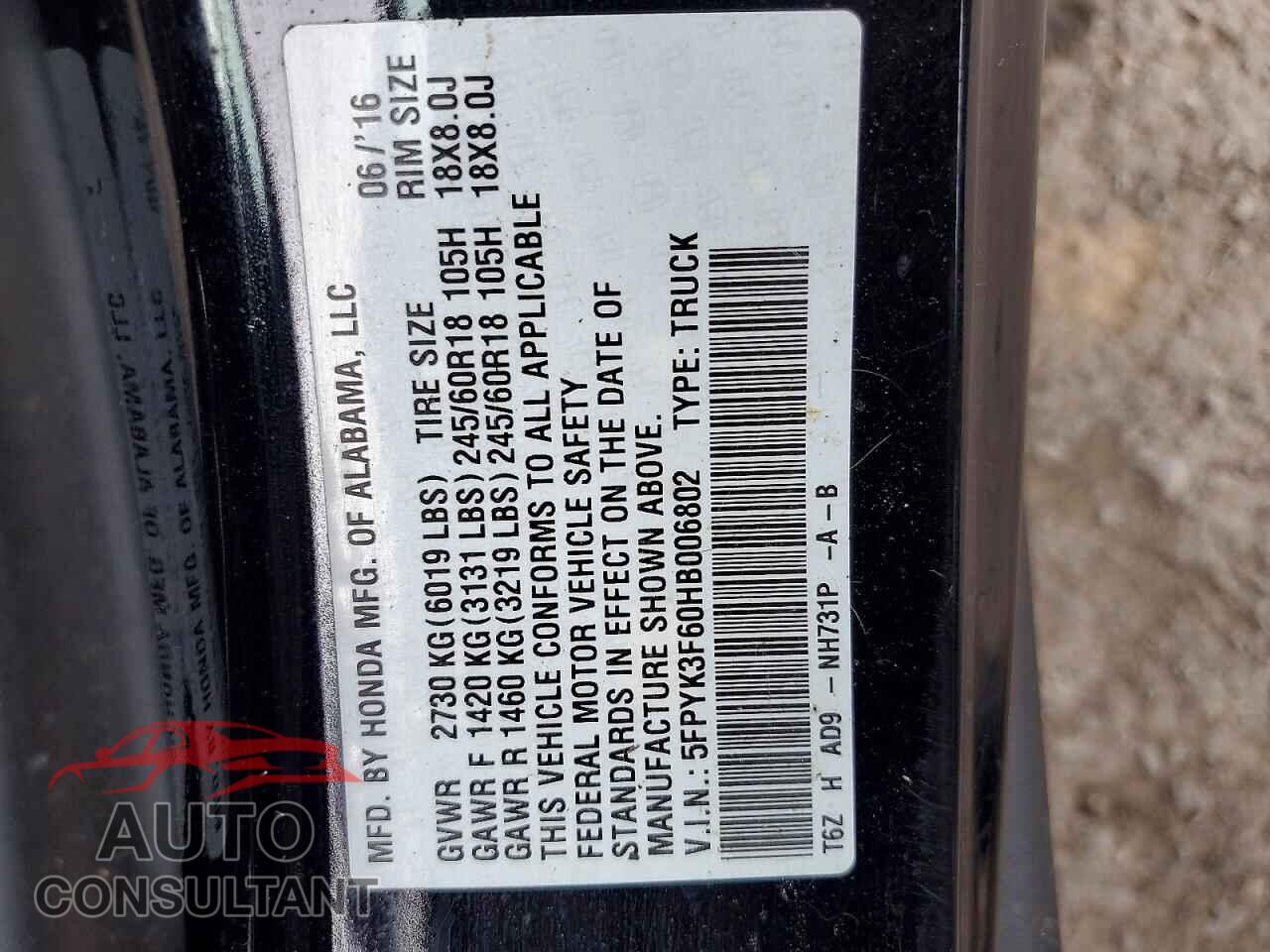HONDA RIDGELINE 2017 - 5FPYK3F60HB006802