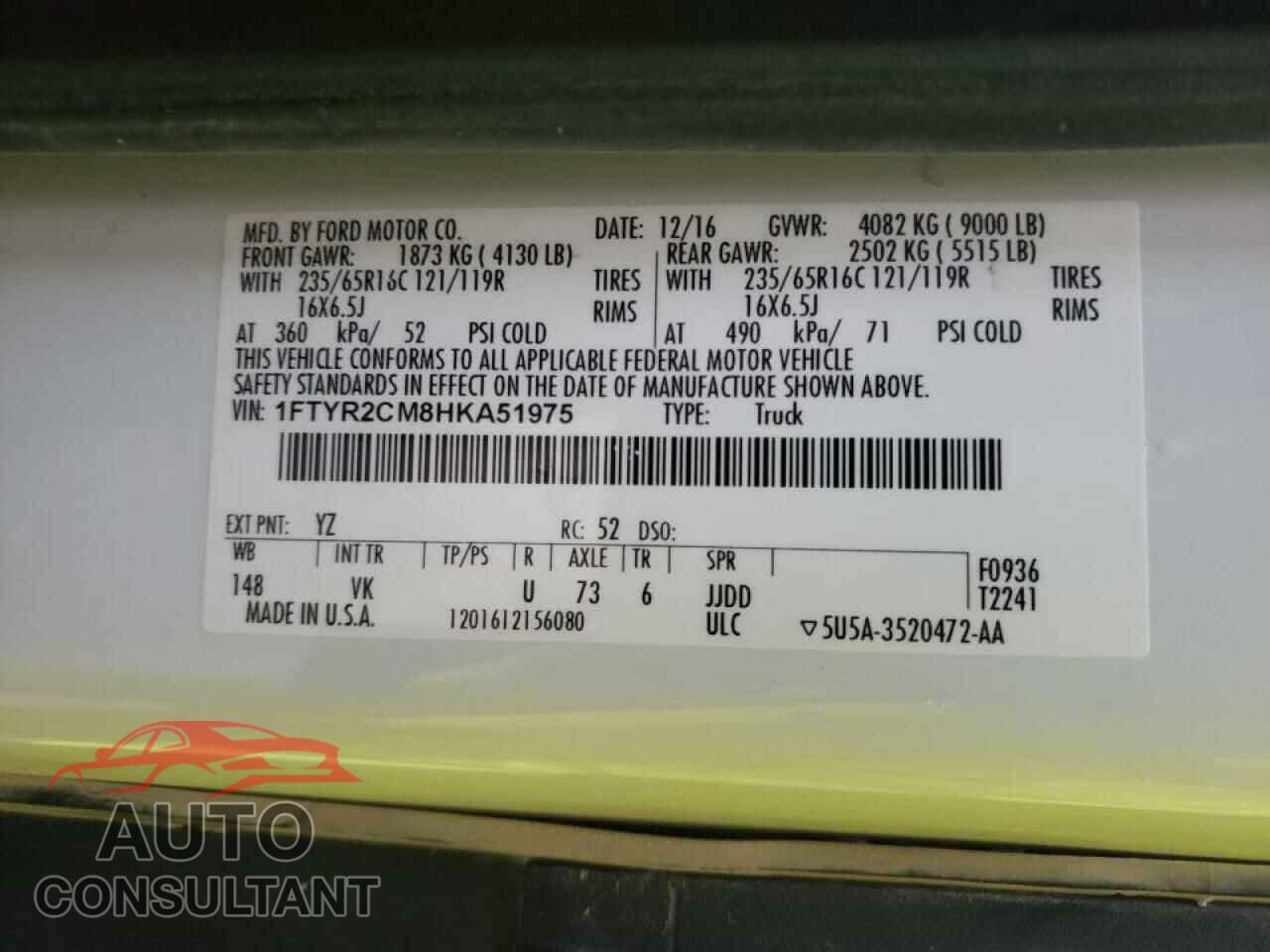 FORD TRANSIT CO 2017 - 1FTYR2CM8HKA51975