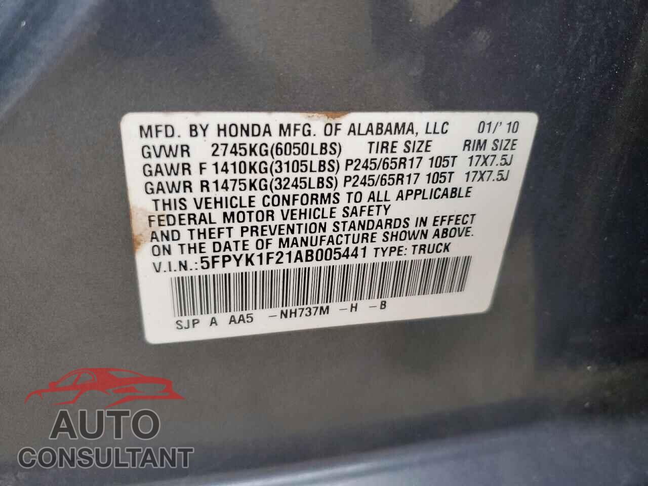 HONDA RIDGELINE 2010 - 5FPYK1F21AB005441