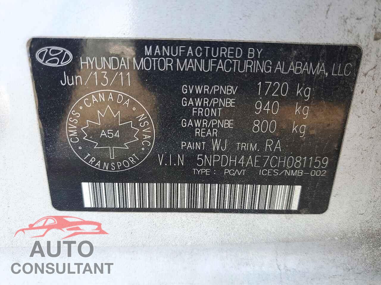 HYUNDAI ELANTRA 2012 - 5NPDH4AE7CH081159
