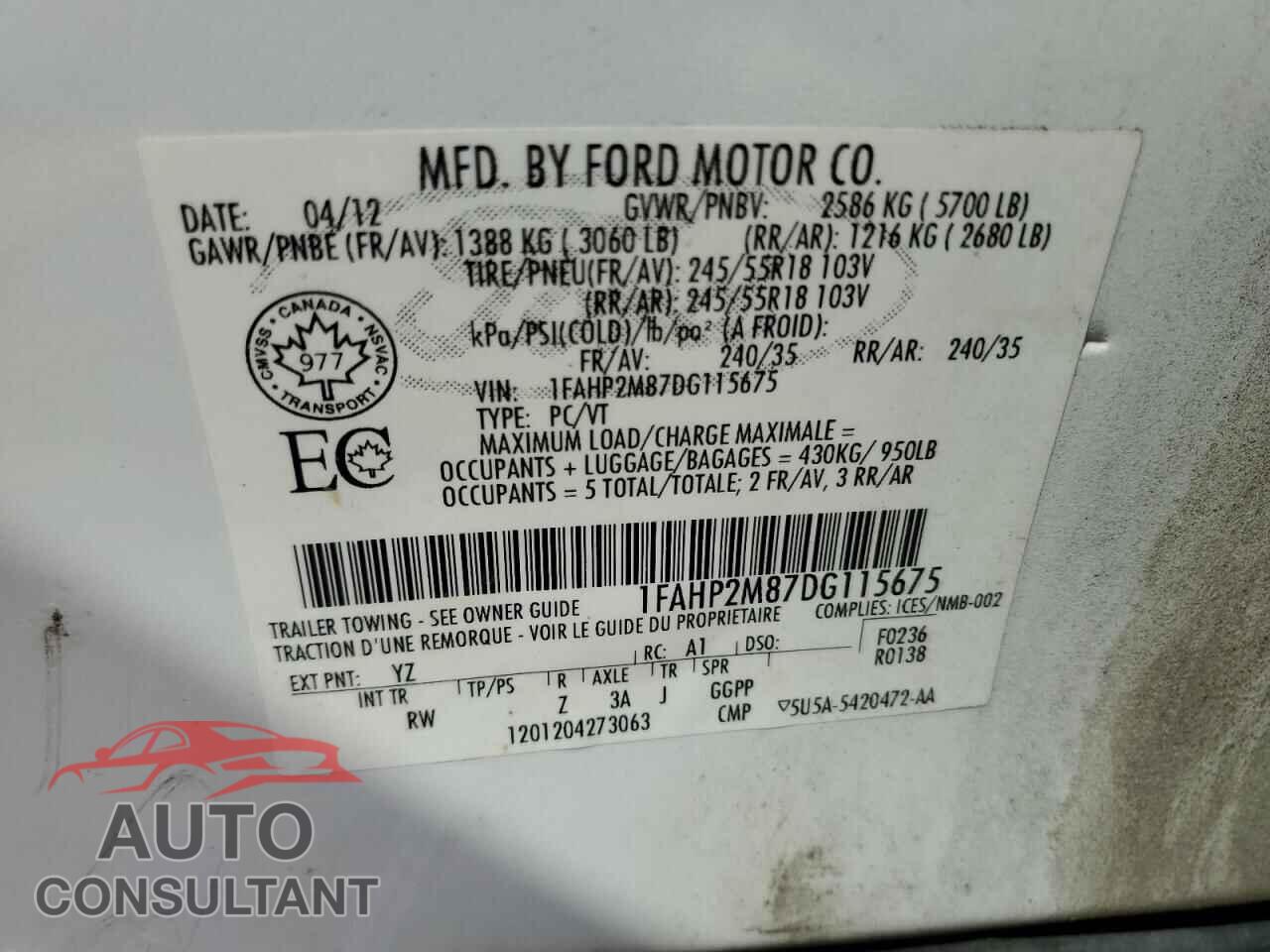 FORD TAURUS 2013 - 1FAHP2M87DG115675