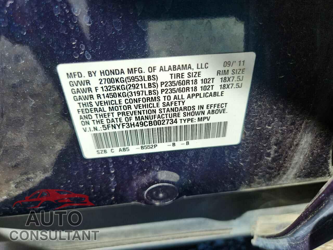 HONDA PILOT 2012 - 5FNYF3H49CB002734