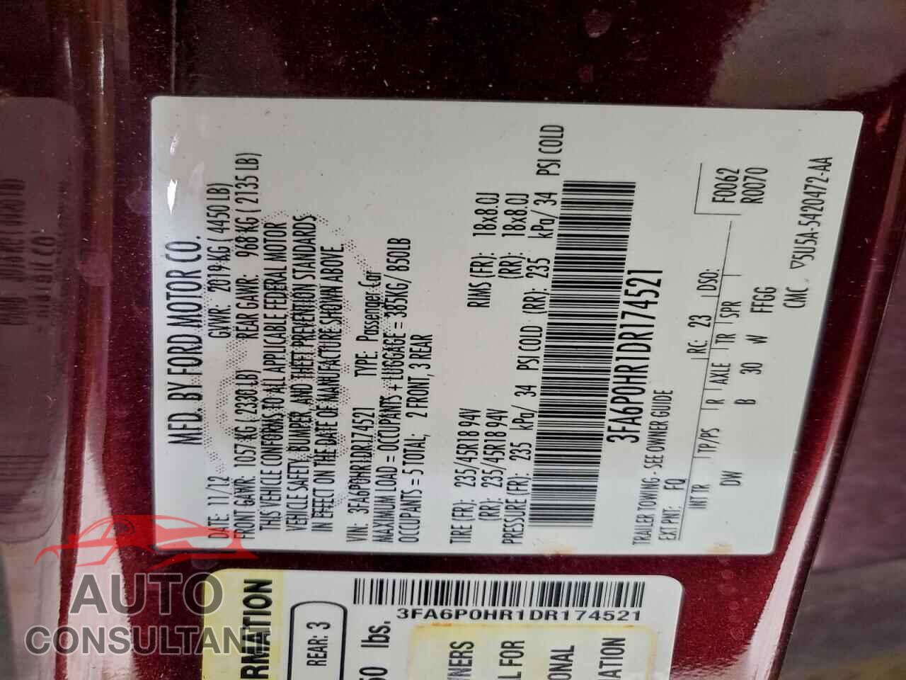 FORD FUSION 2013 - 3FA6P0HR1DR174521