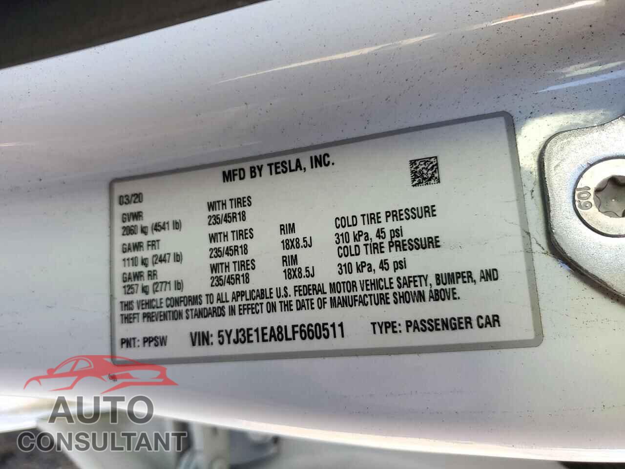 TESLA MODEL 3 2020 - 5YJ3E1EA8LF660511