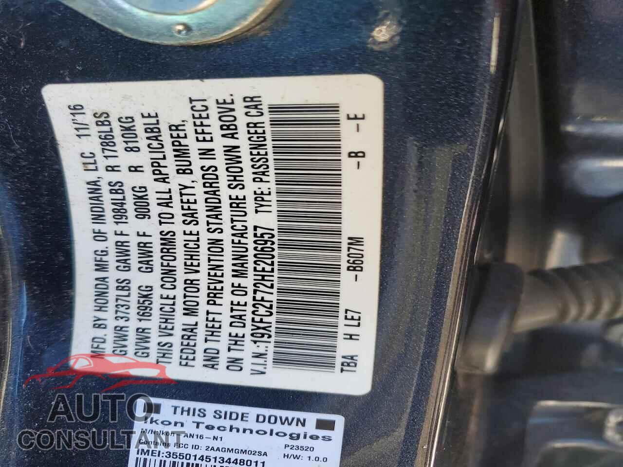 HONDA CIVIC 2017 - 19XFC2F72HE206957