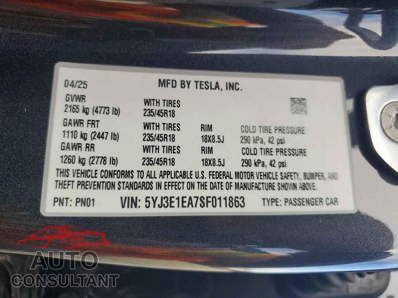 TESLA MODEL 3 2025 - 5YJ3E1EA7SF011863
