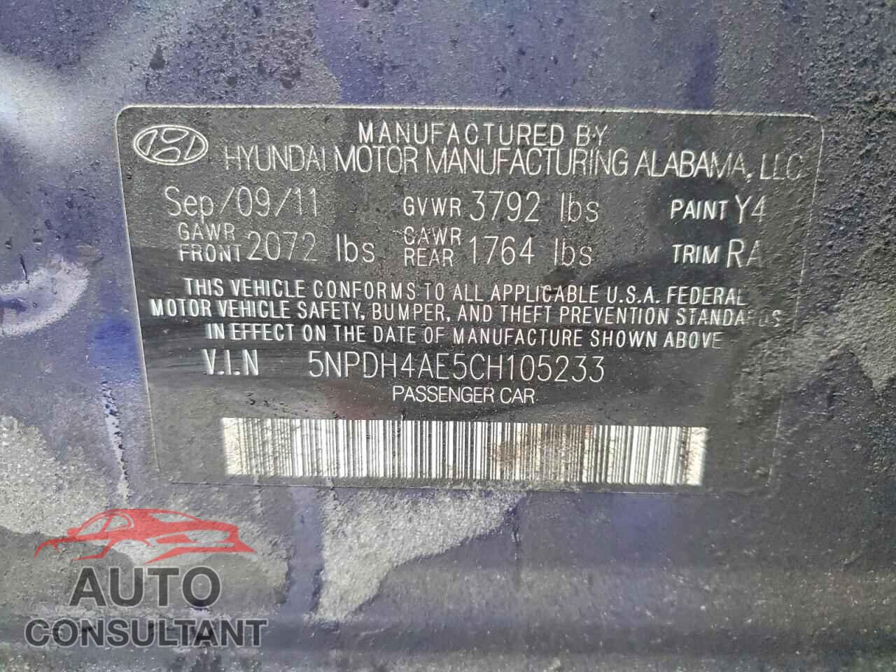 HYUNDAI ELANTRA 2012 - 5NPDH4AE5CH105233