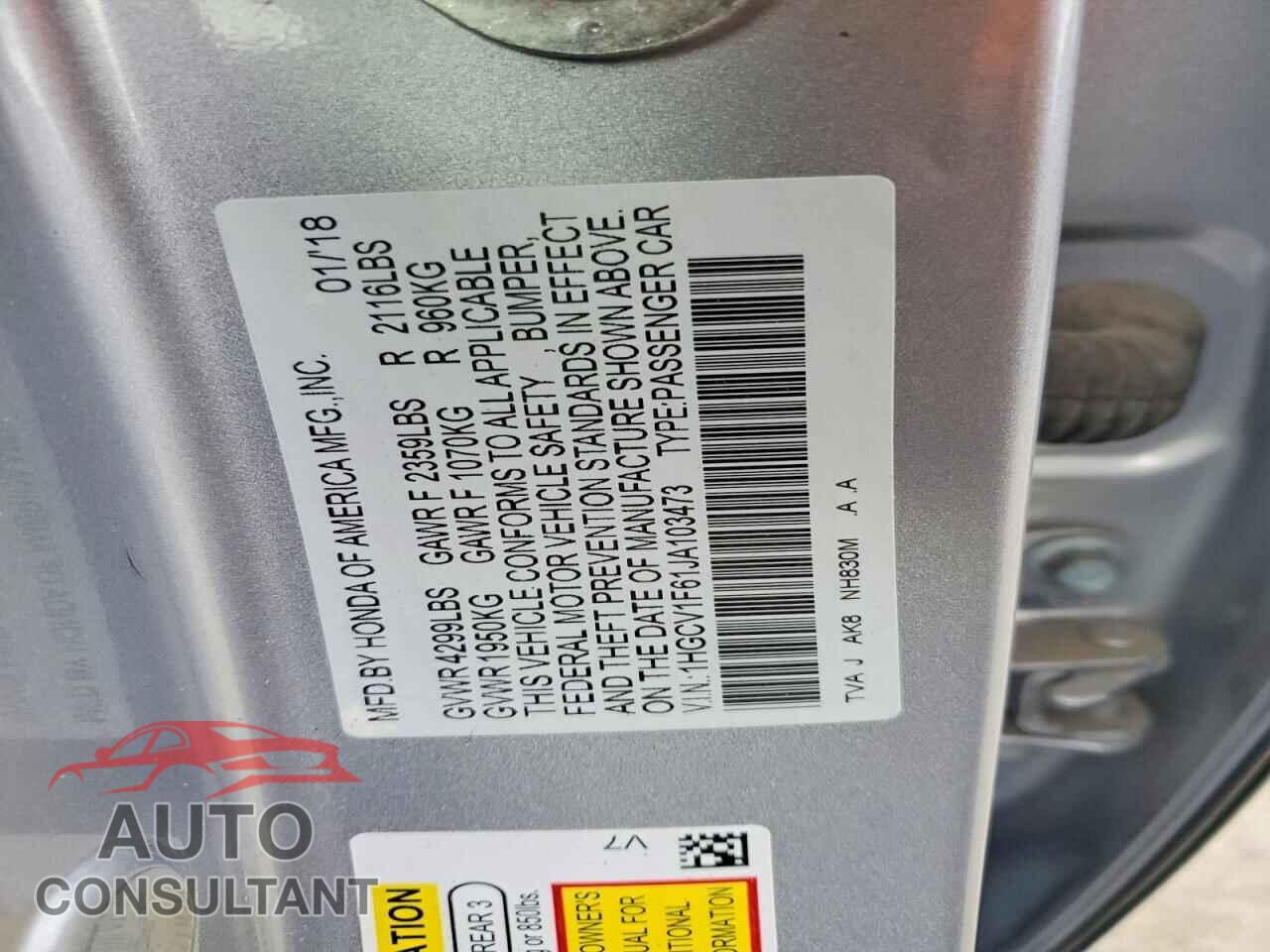 HONDA ACCORD 2018 - 1HGCV1F61JA103473