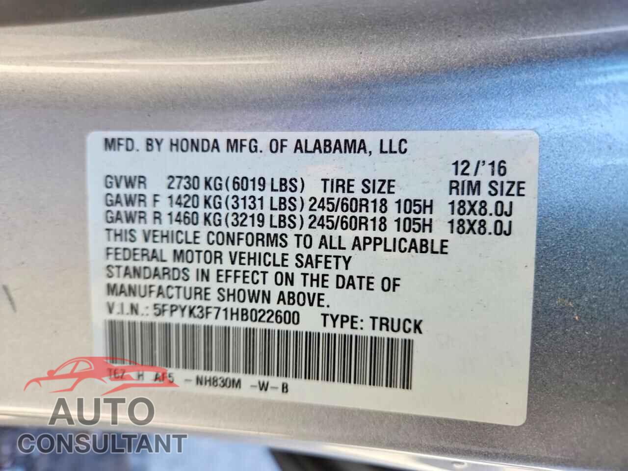 HONDA RIDGELINE 2017 - 5FPYK3F71HB022600
