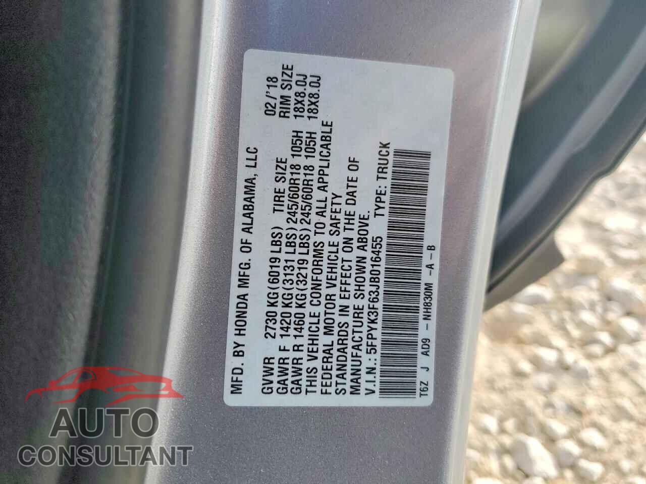 HONDA RIDGELINE 2018 - 5FPYK3F63JB016455