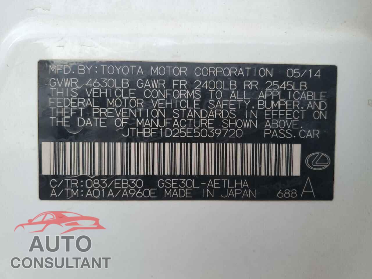 LEXUS IS 2014 - JTHBF1D25E5039720