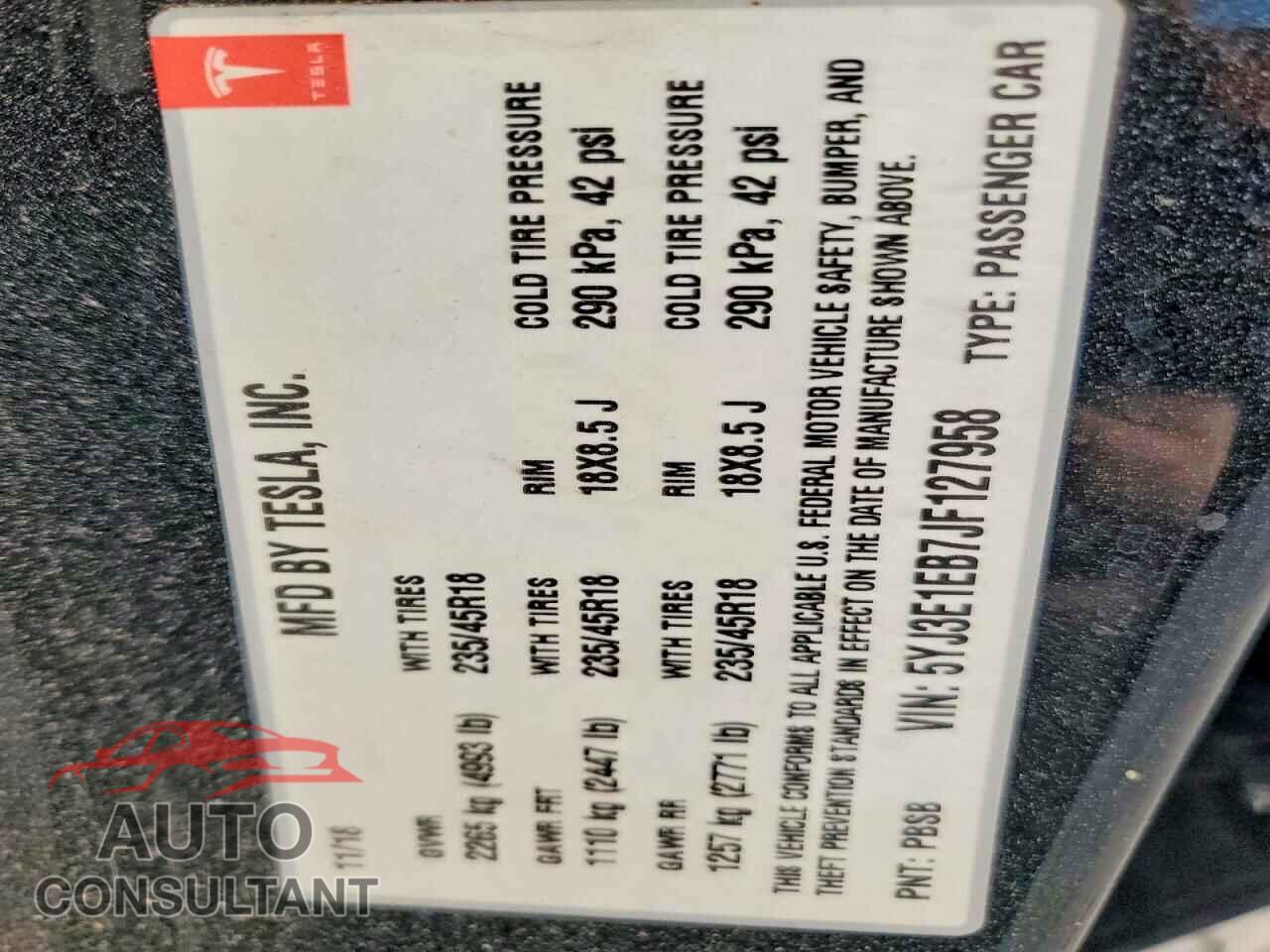 TESLA MODEL 3 2018 - 5YJ3E1EB7JF127958