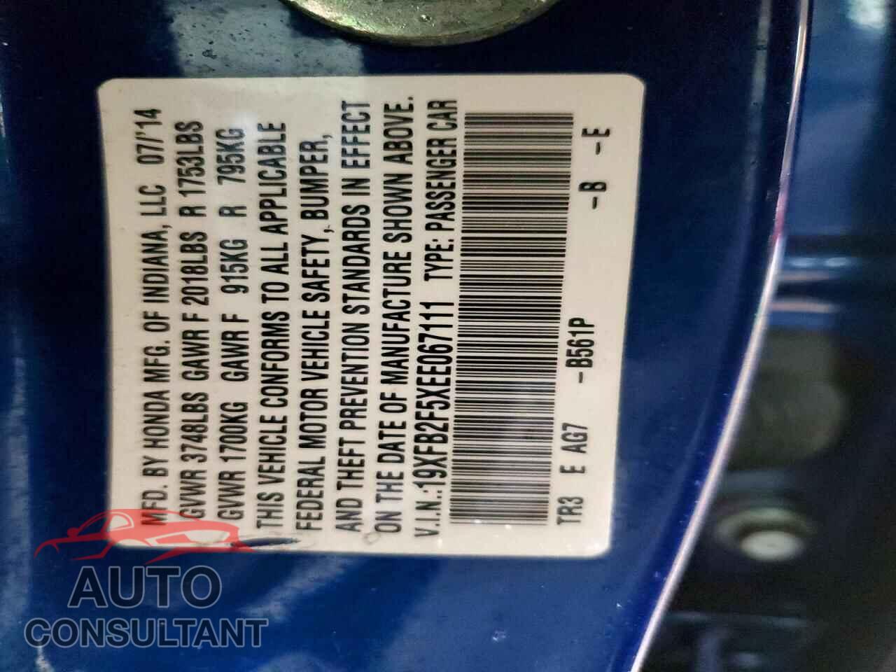 HONDA CIVIC 2014 - 19XFB2F5XEE067111