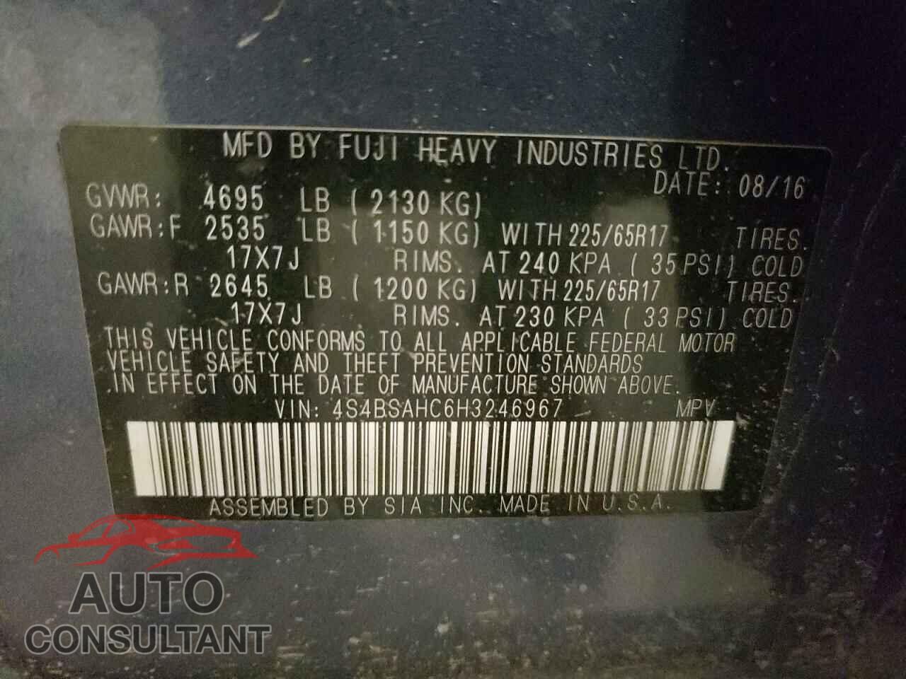 SUBARU OUTBACK 2017 - 4S4BSAHC6H3246967
