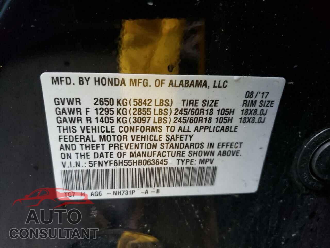 HONDA PILOT 2017 - 5FNYF6H55HB063645