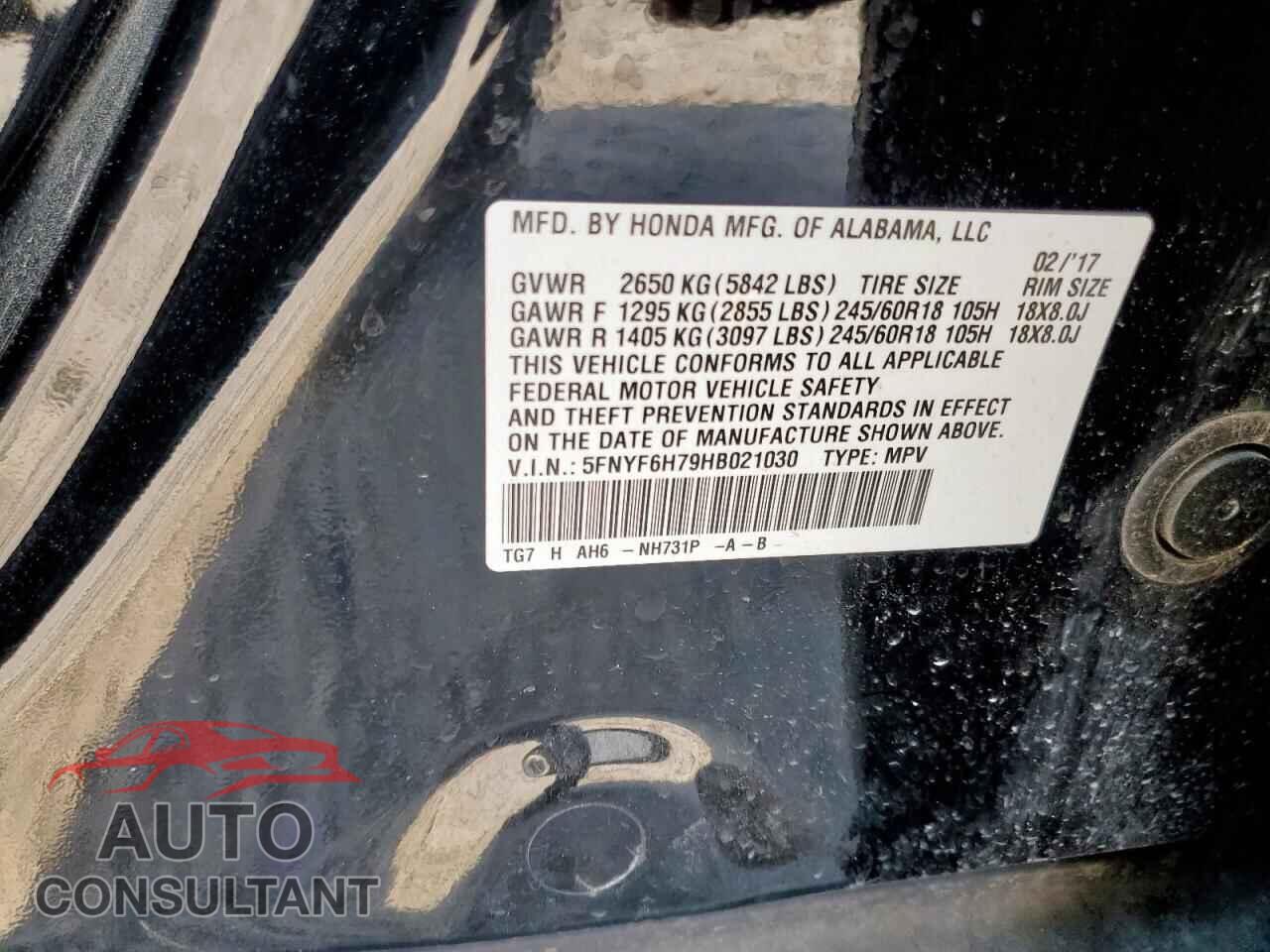 HONDA PILOT 2017 - 5FNYF6H79HB021030