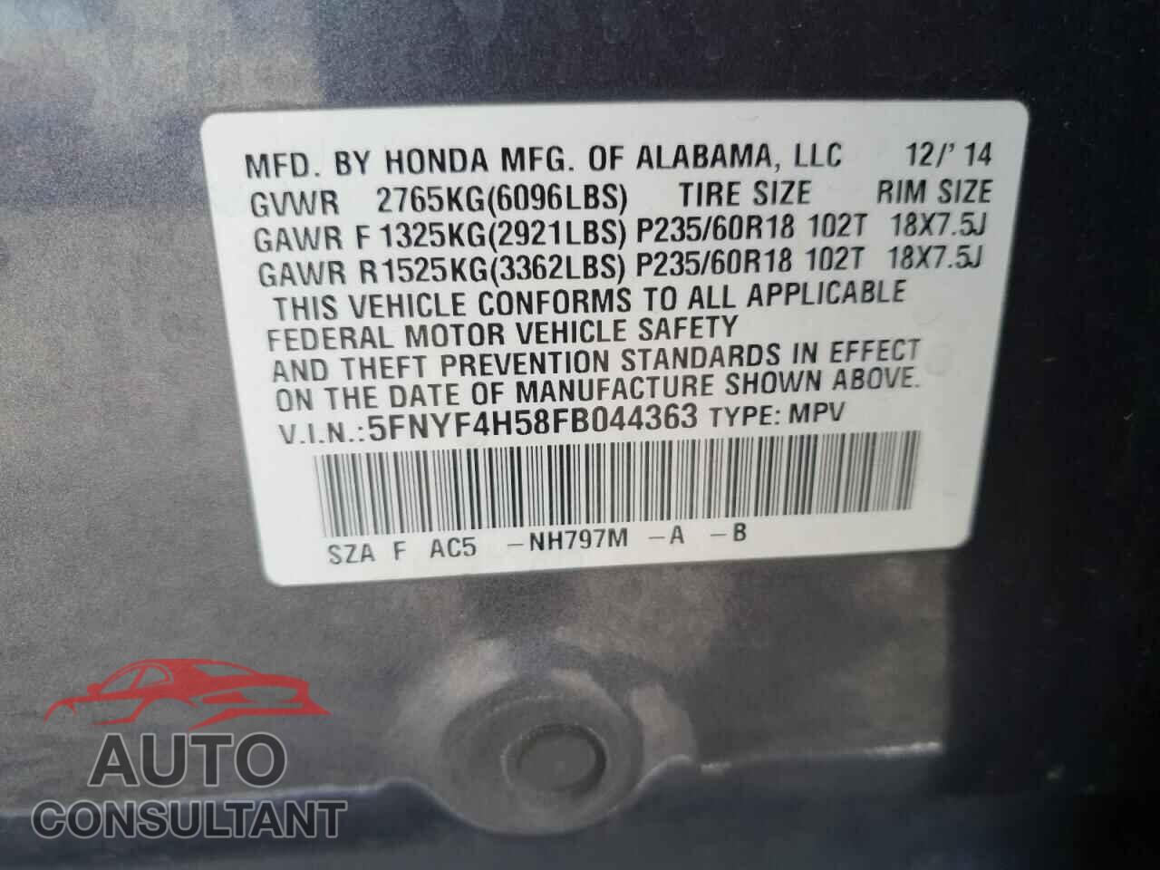 HONDA PILOT 2015 - 5FNYF4H58FB044363