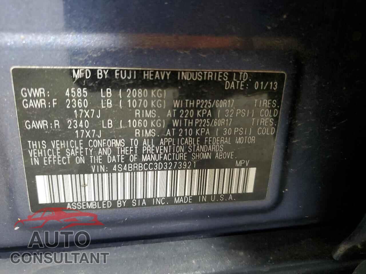 SUBARU OUTBACK 2013 - 4S4BRBCC3D3273921