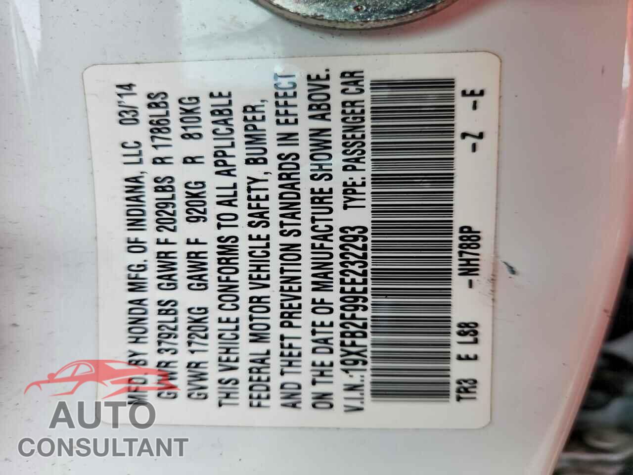 HONDA CIVIC 2014 - 19XFB2F99EE232293